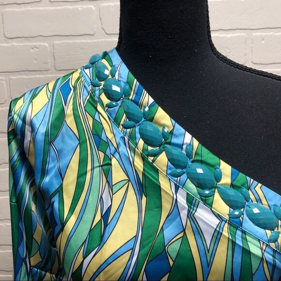 NWT Rachel Lym Couture Resort Swimwear Cover Up Crista Green One Shoulder Top - Picture 2 of 11